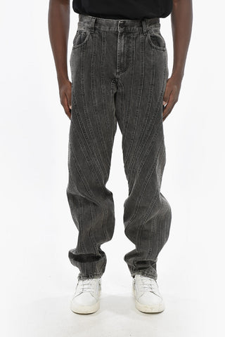 Jeans Baggy Fit Effetto Delavè con Cuciture Diagonali Decorative 20cm 