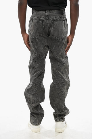 Jeans Baggy Fit Effetto Delavè con Cuciture Diagonali Decorative 20cm 