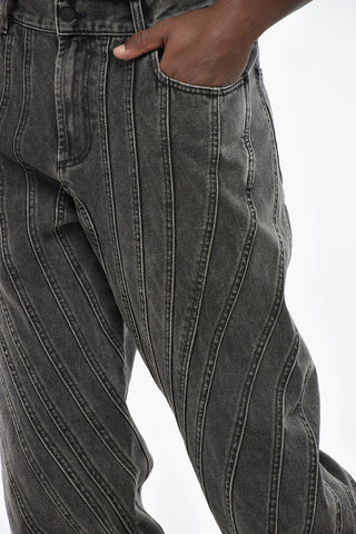 Jeans Baggy Fit Effetto Delavè con Cuciture Diagonali Decorative 20cm 