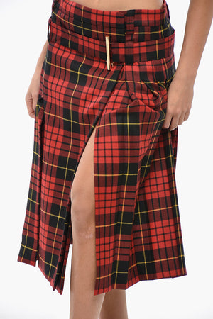 Gonna Midi a Portafoglio Motivo Tartan con Design a Pieghe