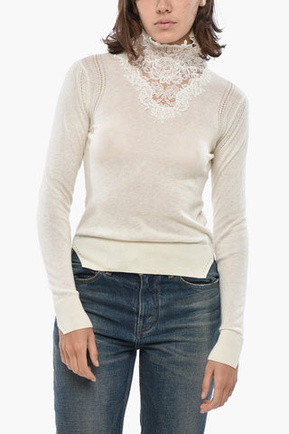 Maglia a Collo Alto in Misto Cashmere con Dettaglio in Pizzo