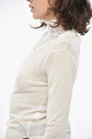 Maglia a Collo Alto in Misto Cashmere con Dettaglio in Pizzo