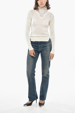 Maglia a Collo Alto in Misto Cashmere con Dettaglio in Pizzo