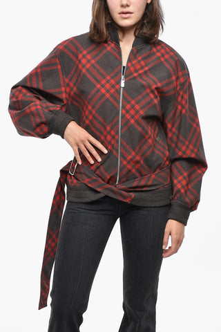 Bomber in Misto Lana Tartan con Cintura