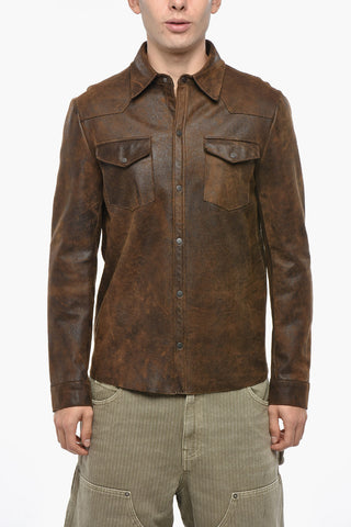 Crackle-Finish Leather Overshirt Jacket with Double Breast Pocket