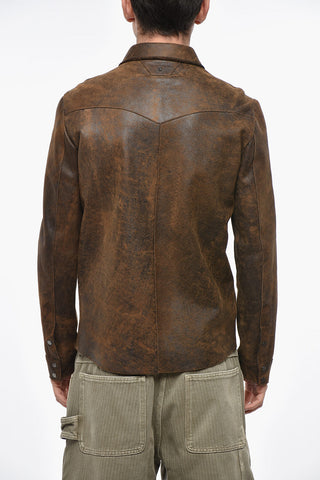 Crackle-Finish Leather Overshirt Jacket with Double Breast Pocket