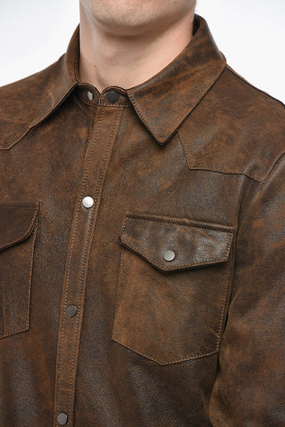 Crackle-Finish Leather Overshirt Jacket with Double Breast Pocket