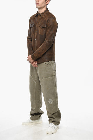 Crackle-Finish Leather Overshirt Jacket with Double Breast Pocket