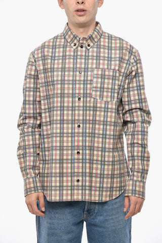 Plaid Motif Leather Shirt with Button-Down Collar and Breast Pocket