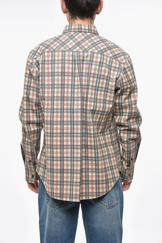 Plaid Motif Leather Shirt with Button-Down Collar and Breast Pocket