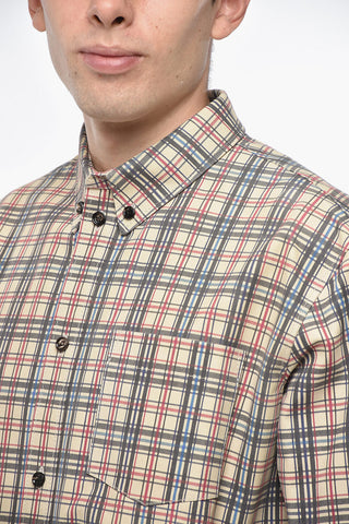 Plaid Motif Leather Shirt with Button-Down Collar and Breast Pocket