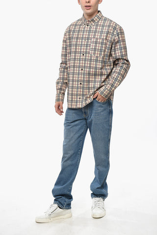 Plaid Motif Leather Shirt with Button-Down Collar and Breast Pocket