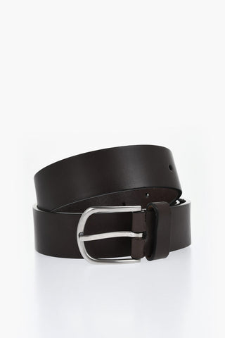 Solid Color Leather Belt with Silver-Tone Buckle 35mm