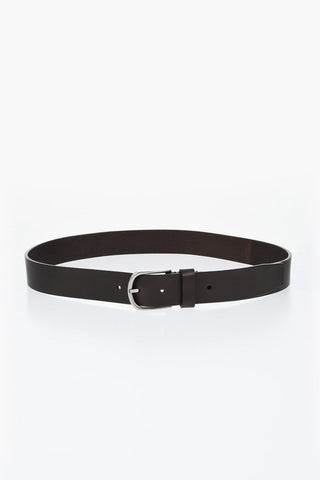 Solid Color Leather Belt with Silver-Tone Buckle 35mm