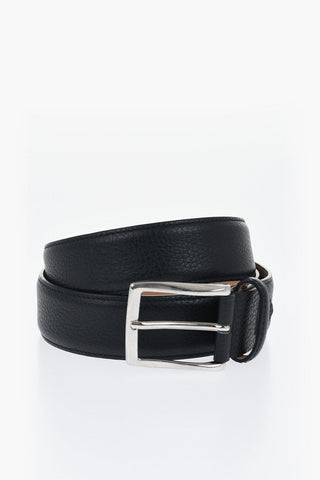 Textured Leather Belt with Silver-Tone Logo 35mm