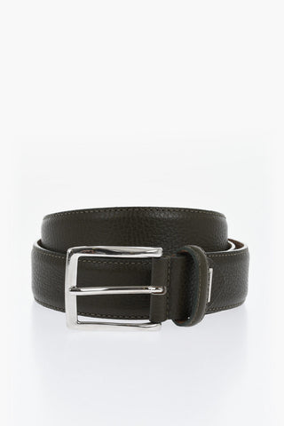 Textured Leather Belt with Silver-Tone Buckle 35mm