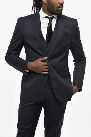 Three-Piece Virgin Wool Suit with Double Vents, Peak Lapel and Waistcoat