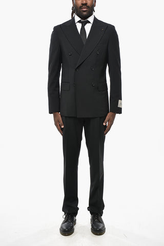 CC COLLECTION Double-breasted Stretch Wool Suit with Peak Lapel