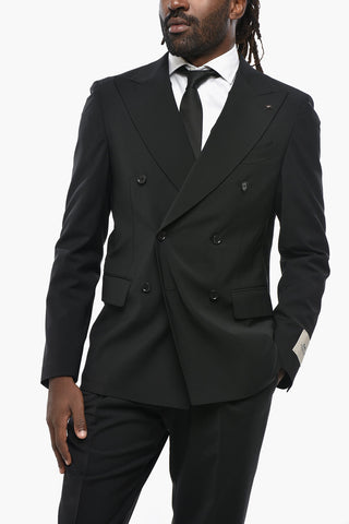 CC COLLECTION Double-breasted Stretch Wool Suit with Peak Lapel