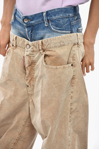 Wide-Leg Ribbed Velour Pants TWIN PACK with Denim Detail