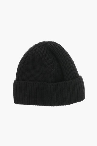 Cappello Beanie in Lana Vergine con Patch Logo Frontale