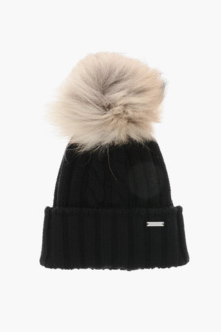 Woll-Beanie mit Zopfstrick und Pelz-Pompon