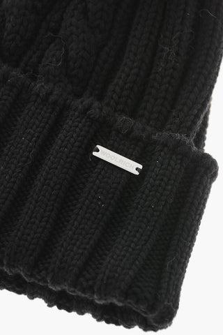 Woll-Beanie mit Zopfstrick und Pelz-Pompon