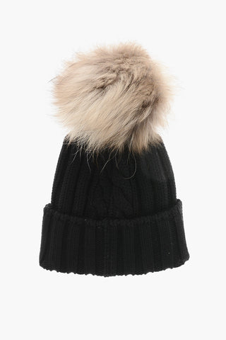 Woll-Beanie mit Zopfstrick und Pelz-Pompon