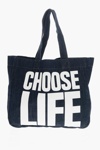 Denim Tote Bag with Maxi Contrasting Print