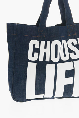 Denim Tote Bag with Maxi Contrasting Print