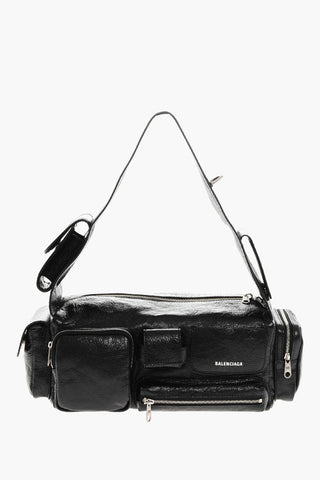 Textured Leather Bowler Bag with Double Pockets 