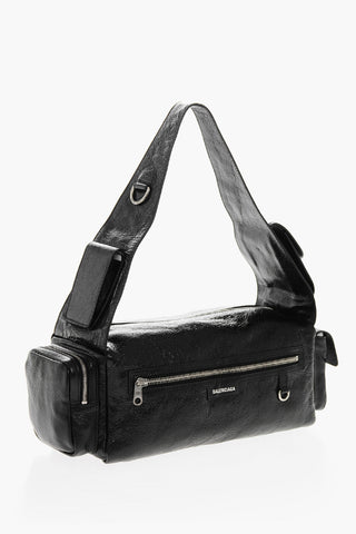 Textured Leather Bowler Bag with Double Pockets 