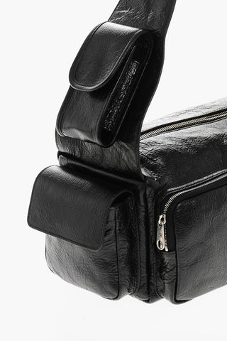 Textured Leather Bowler Bag with Double Pockets 
