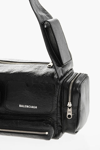 Textured Leather Bowler Bag with Double Pockets 