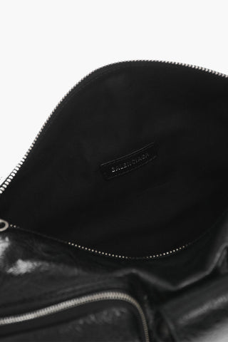 Textured Leather Bowler Bag with Double Pockets 