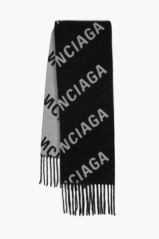 Maxi Wool Scarf with Fringes and All-Over Logo