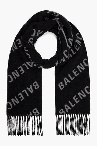 Maxi Wool Scarf with Fringes and All-Over Logo
