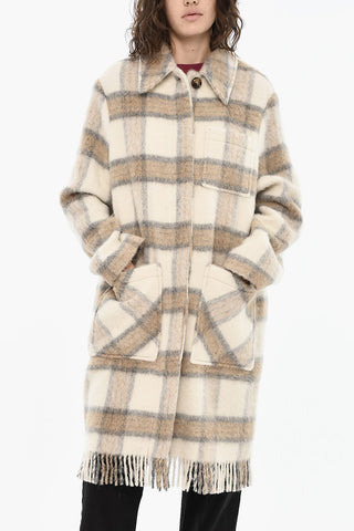 Wool Blend Check Long Coat with Fringes