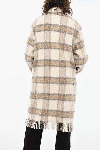 Wool Blend Check Long Coat with Fringes