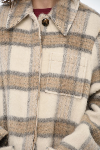 Wool Blend Check Long Coat with Fringes