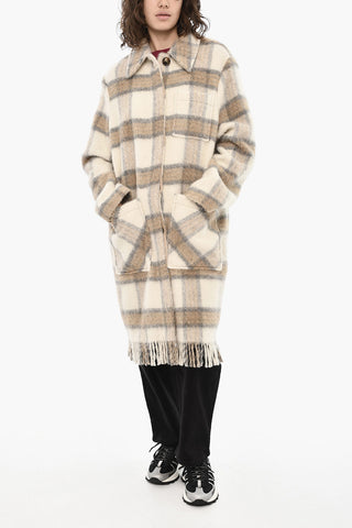 Wool Blend Check Long Coat with Fringes