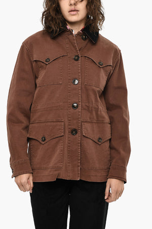 Overshirt Utility in Twill di Cotone con Colletto in Velour