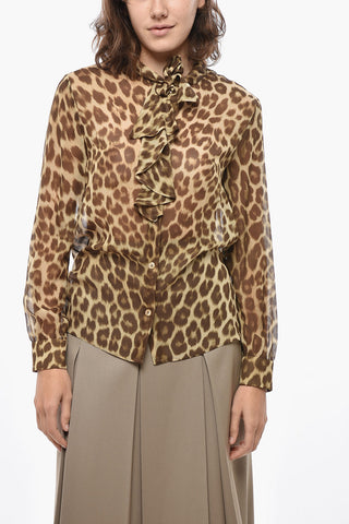 Tie Neck Silk Blouse with Animal Motif