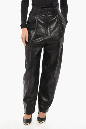 Balloon-Fit Leather Pants with Front Pleats