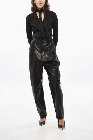 Balloon-Fit Leather Pants with Front Pleats