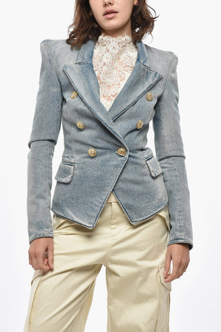 Blazer Doppiopetto in Denim con Bottoni Logati