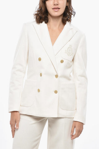 Double-breasted Wool Blend Blazer with Embroidered Breast-pocket