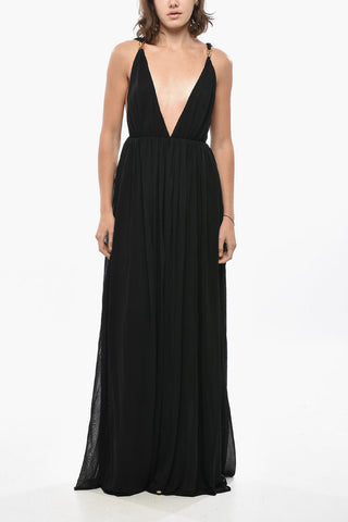 Long Dress with Deep V-Neck and Straps Embellished with Gold Jewel Details