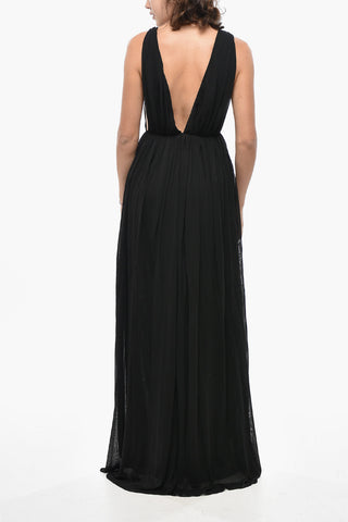 Long Dress with Deep V-Neck and Straps Embellished with Gold Jewel Details