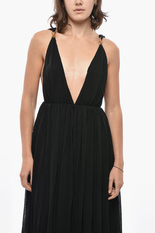 Long Dress with Deep V-Neck and Straps Embellished with Gold Jewel Details